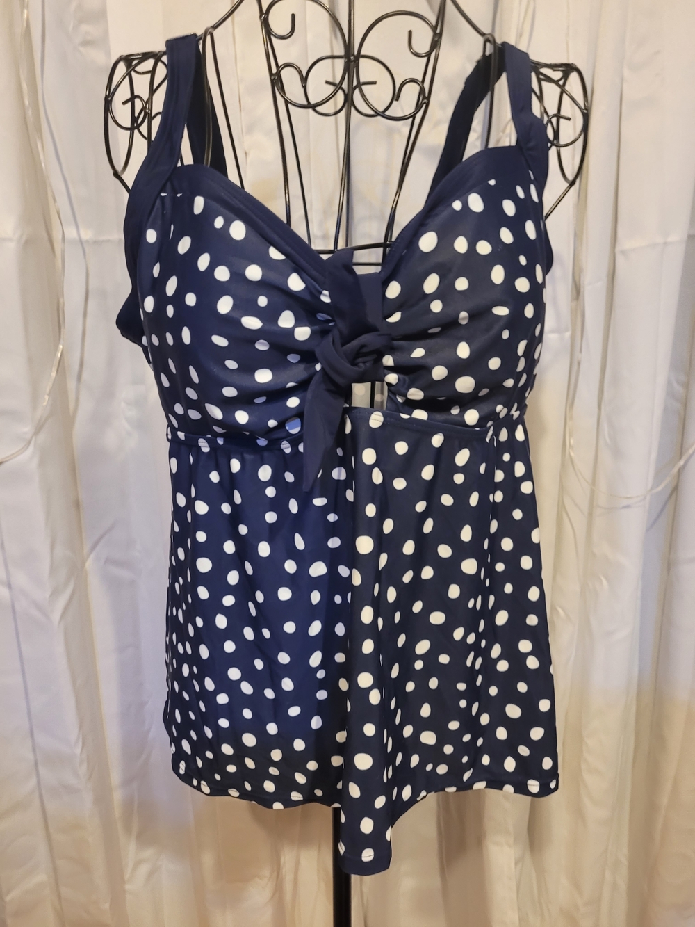 Amazon Navy Blue and White Polka Dot Tankini Top with Front Knot